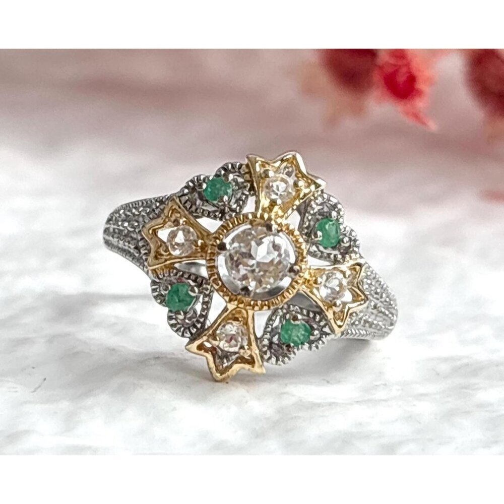 White Topaz & Emerald Irish Prayer Cross Dual T Sterling 925 Vintage Ring - sz 6